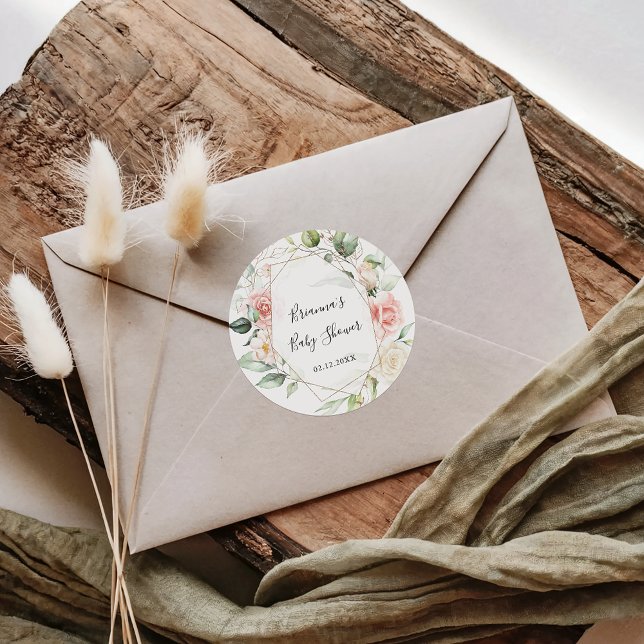 Geometric Gold Green Foliage Baby Shower Favour Classic Round Sticker (Creator Uploaded)