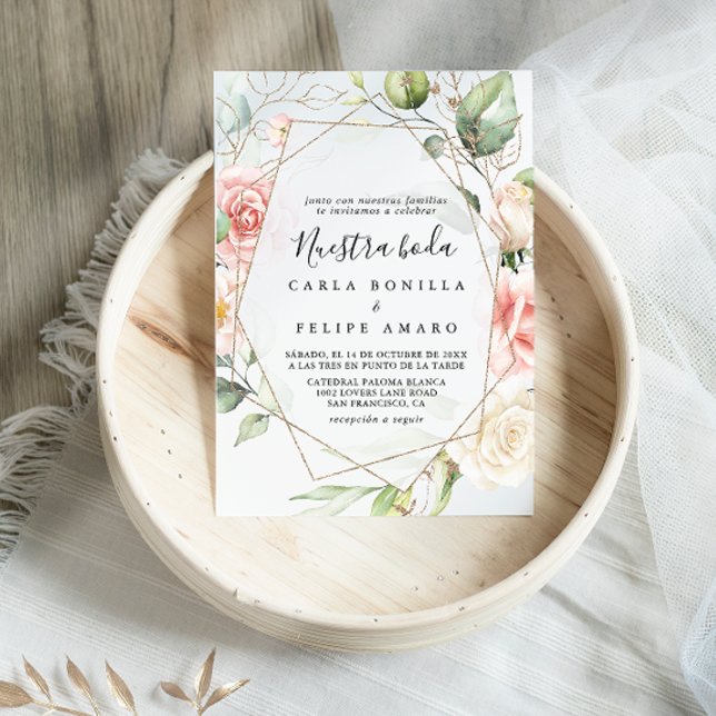 Geometric Gold Green Foliage Nuestra Boda Wedding Invitation (Creator Uploaded)
