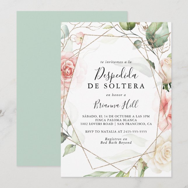 Geometric Gold Green Foliage Spanish Bridal Shower Invitation (Front/Back)