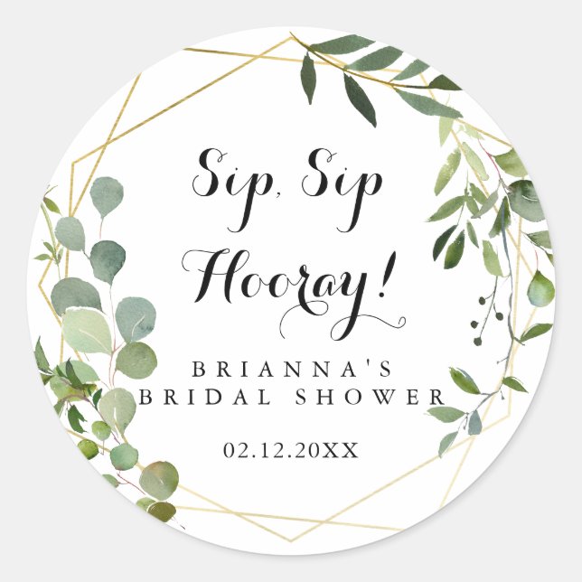 Geometric Gold Green Sip Sip Hooray Bridal Shower Classic Round Sticker (Front)
