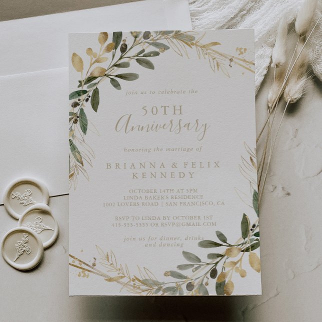 Geometric Gold Greenery 50th Wedding Anniversary   Invitation (Creator Uploaded)