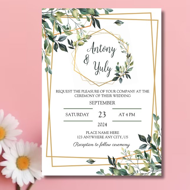 Geometric Gold Greenery Botanical Wedding Invitation (Tarjeta hojas verde acuarela para boda)