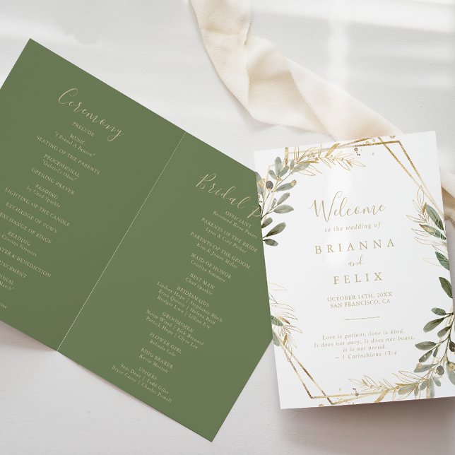 Geometric Gold Greenery Folded Wedding Program Programme (Creator Uploaded)