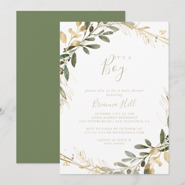 Geometric Gold Greenery It's A Boy Baby Shower   Invitation (Front/Back)