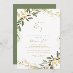 Geometric Gold Greenery It's A Boy Baby Shower Invitation