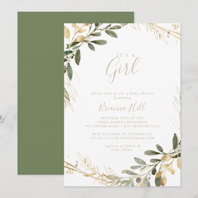 Geometric Gold Greenery It's A Girl Baby Shower   Invitation (Front/Back)