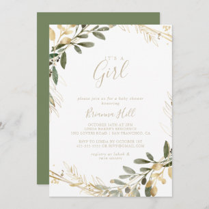 Geometric Gold Greenery It's A Girl Baby Shower   Invitation