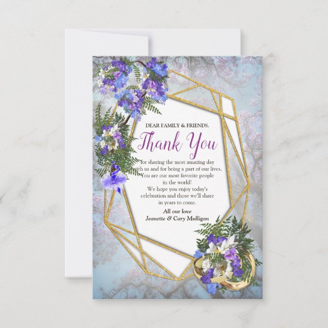 Geometric Gold & Jacaranda Flower Bouquets RSVP Card (Front)