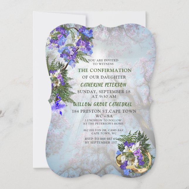Geometric Gold & Jacaranda Flowers Confirmation Invitation (Front)