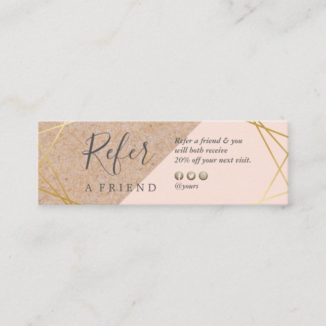 Geometric Gold Kraft Printed Lt Pastel Pink Refer Mini Business Card (Front)