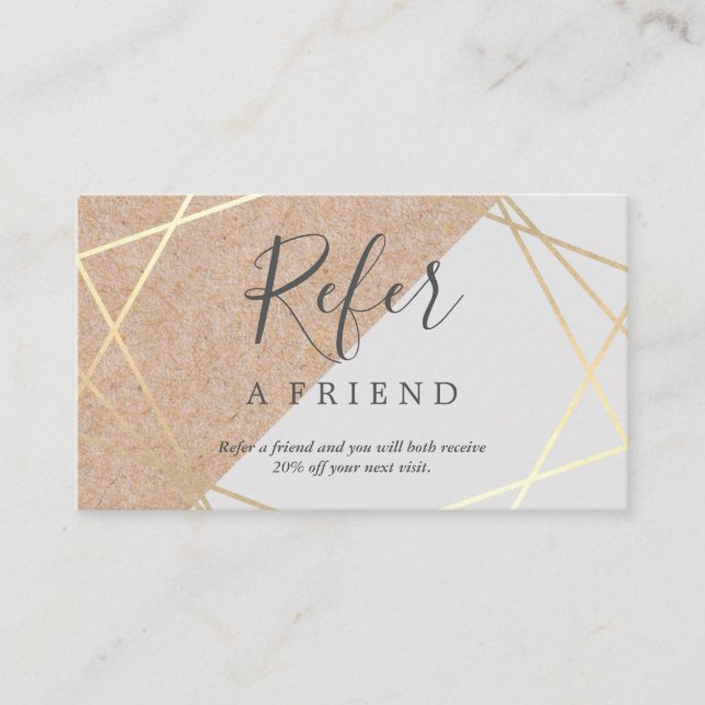 Geometric Gold Kraft Printed Pastel Grey Referral Business Card (Front)