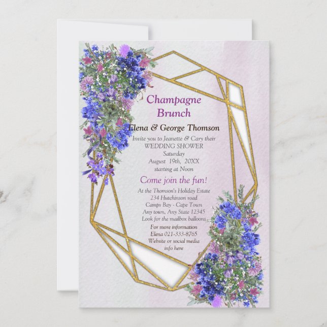 Geometric Gold & Lavender Flowers Couple Shower Invitation (Front)