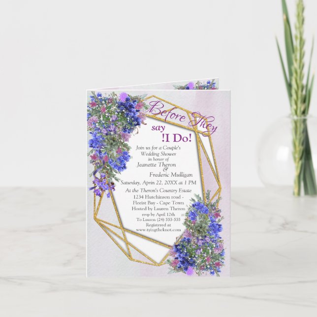Geometric Gold & Lavender Flowers Couple Shower Invitation (Front)