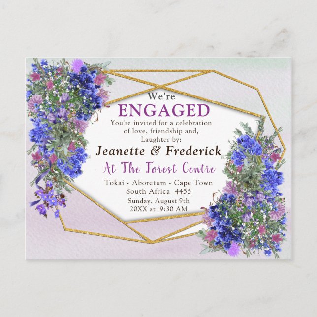 Geometric Gold & Lavender Flowers Engagement Invitation Postcard (Front)