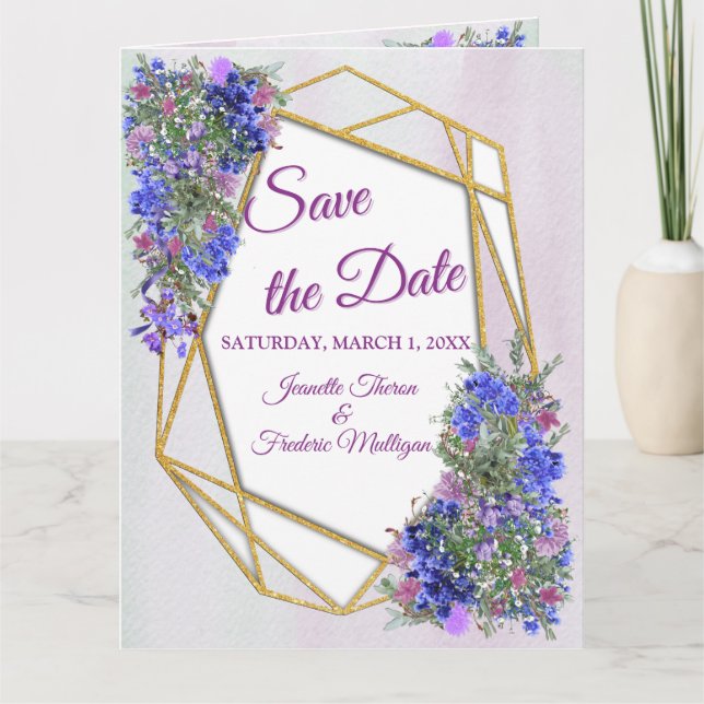 Geometric Gold & Lavender Flowers Save the Date Card (Front)