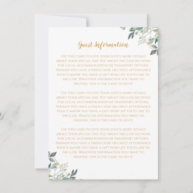 Geometric Gold Leaf Wedding Guest Information Card (Front)