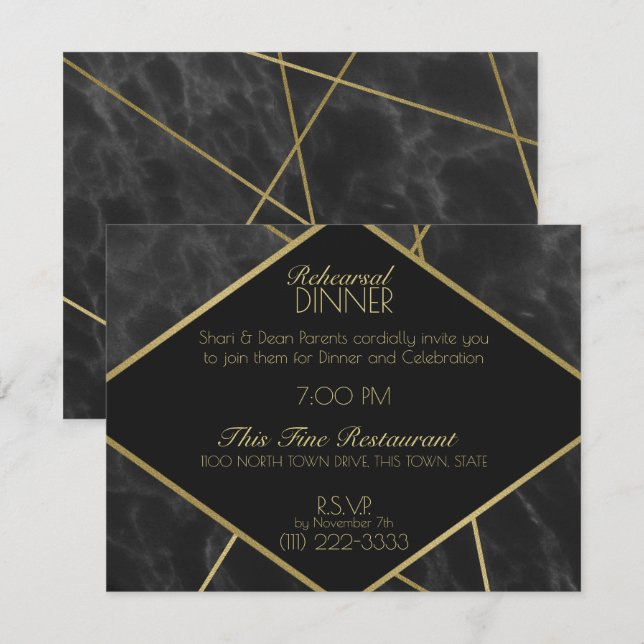Geometric Gold Lines and Marble Rehearsal Dinner Invitation (Front/Back)