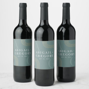 Geometric Gold Lines Monogram Green Wedding Wine Label