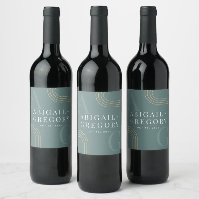 Geometric Gold Lines Monogram Green Wedding Wine Label (Bottles)