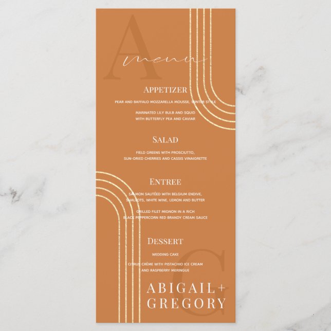 Geometric Gold Lines Monogram Orange Wedding Menu (Front)