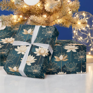 Geometric Gold Lotus on Teal Wrapping Paper