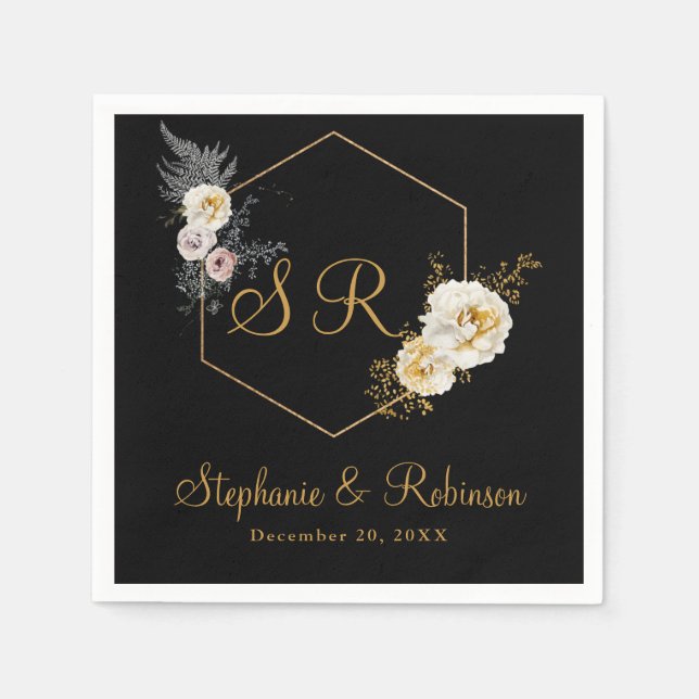 Geometric Gold Monogram On Black Wedding Paper  Napkin (Front)