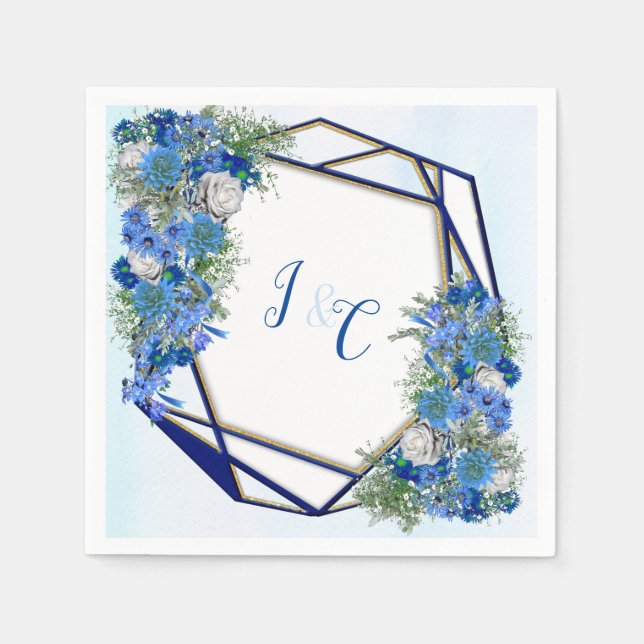 Geometric - Gold-Navy & Blue Flower Bouquets Napkin (Front)