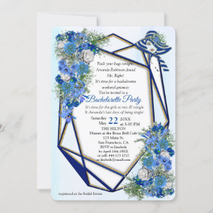 Geometric Gold-Navy - Blue Flowers Bachelorette Invitation