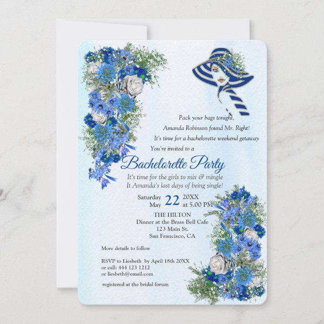 Geometric Gold-Navy - Blue Flowers Bachelorette Invitation (Front)