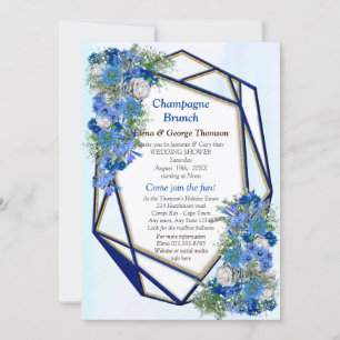 Geometric Gold-Navy Blue Flowers Couple Shower Invitation