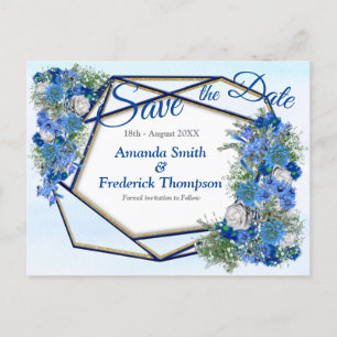 Geometric Gold-Navy & Blue Flowers Save the Dates Announcement Postcard