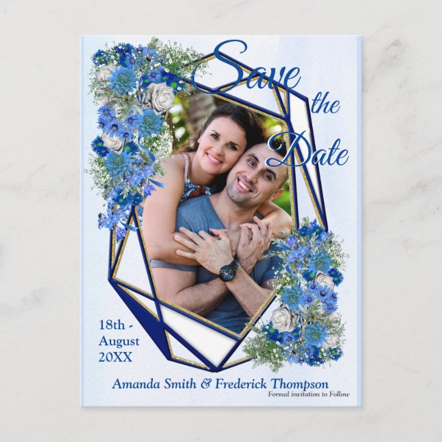 Geometric Gold-Navy  frames & Blue Flowers Announcement Postcard (Front)