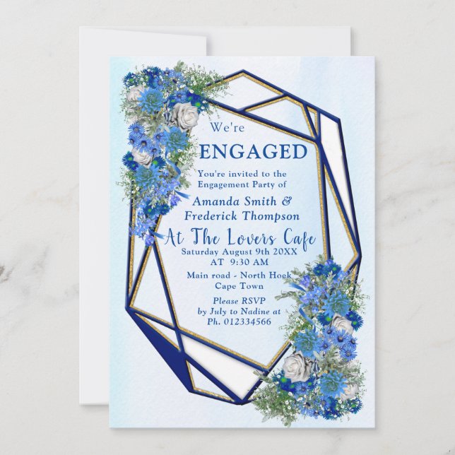 Geometric Gold-Navy  frames & Blue Flowers Invitation (Front)