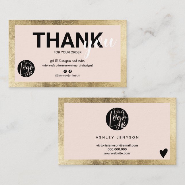 Geometric gold pink script logo order thank you business card (Front/Back)