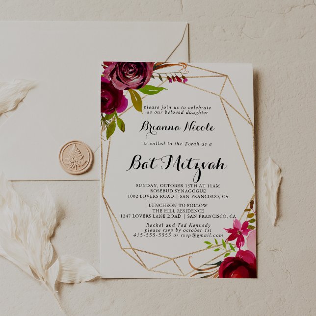 Geometric Gold Rustic Blush Burgundy Bat Mitzvah Invitation (Creator Uploaded)