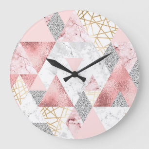 Geometric gold silver triangles, marble pattern. large clock