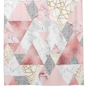 Geometric gold silver triangles, marble pattern. shower curtain