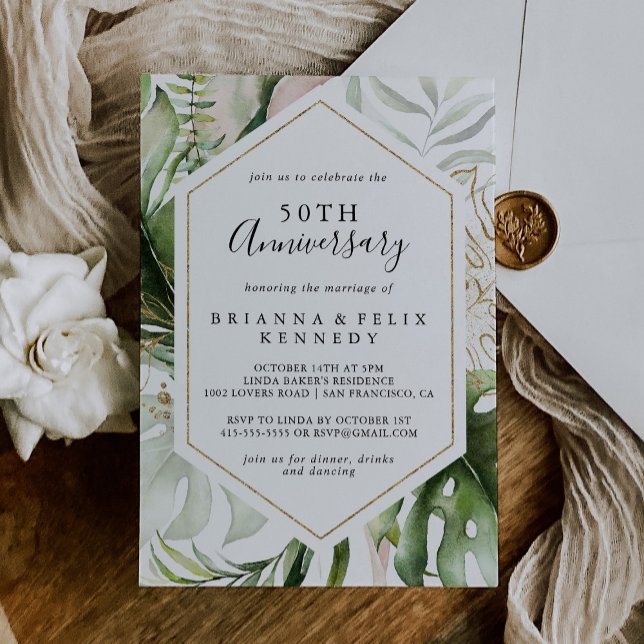 Geometric Gold Tropical 50th Wedding Anniversary Invitation (Creator Uploaded)