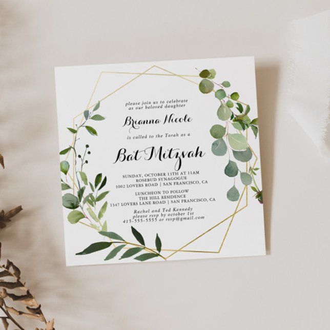 Geometric Gold Tropical Calligraphy Bat Mitzvah Invitation (Creator Uploaded)