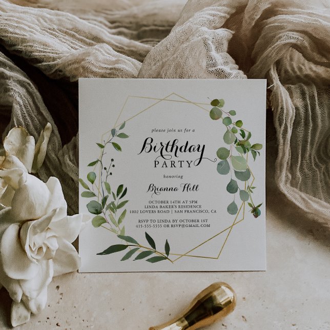 Geometric Gold Tropical Calligraphy Birthday Party Invitation (Creator Uploaded)