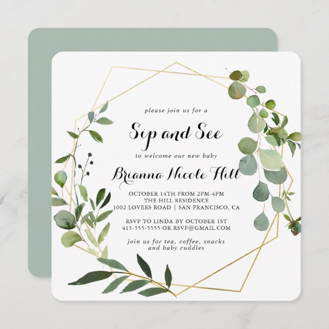 Geometric Gold Tropical Calligraphy Sip and See Invitation (Front/Back)