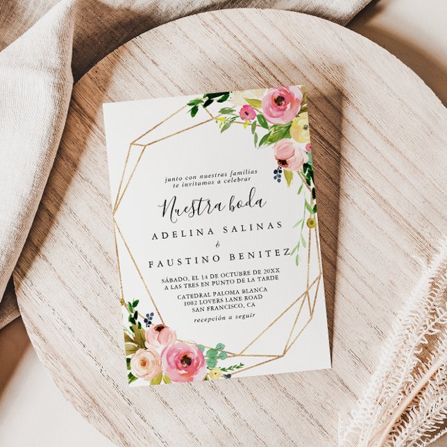 Geometric Gold Tropical Fall Nuestra Boda Wedding Invitation (Creator Uploaded)