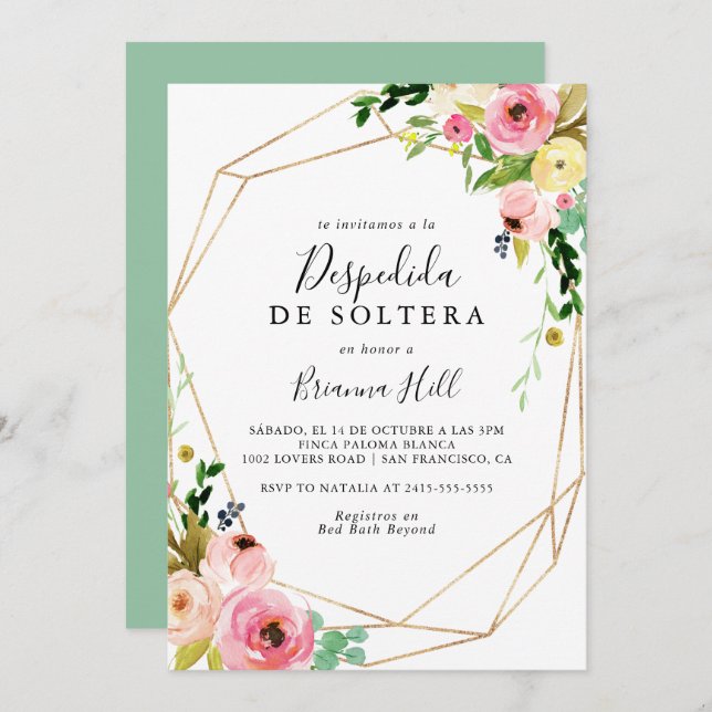 Geometric Gold Tropical Fall Spanish Bridal Shower Invitation (Front/Back)