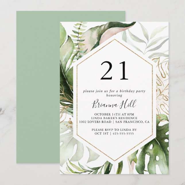 Geometric Gold Tropical Green 21st Birthday Party Invitation (Front/Back)