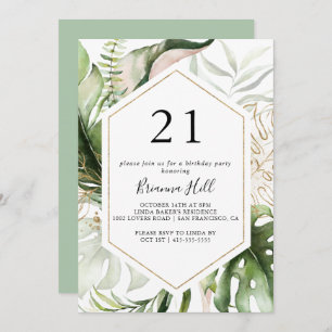 Geometric Gold Tropical Green 21st Birthday Party Invitation