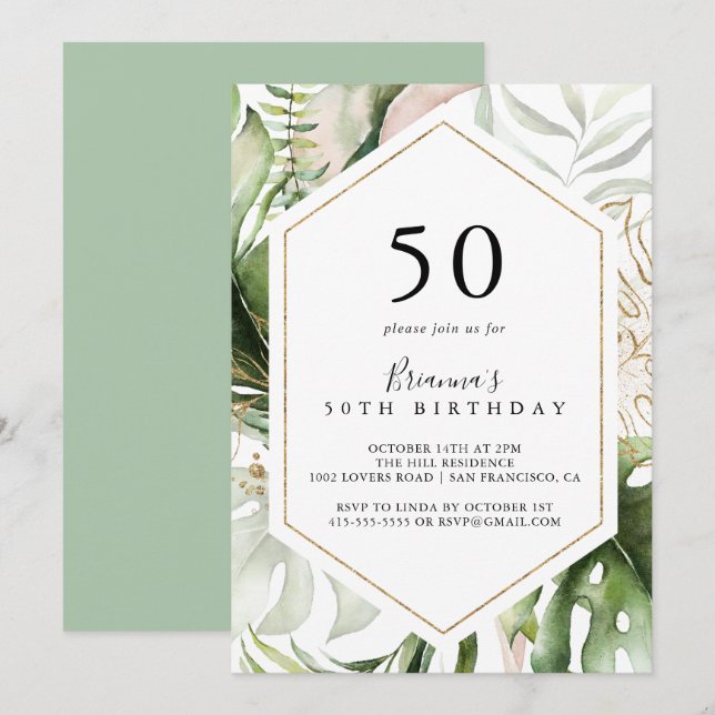 Geometric Gold Tropical Green 50th Birthday Party Invitation (Front/Back)