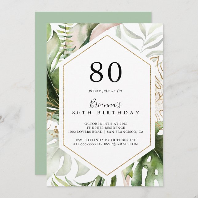 Geometric Gold Tropical Green 80th Birthday Party Invitation (Front/Back)