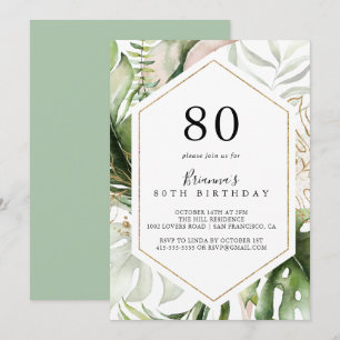 Geometric Gold Tropical Green 80th Birthday Party Invitation
