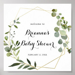 Geometric Gold Tropical Green Baby Shower Welcome Poster
