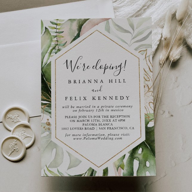 Geometric Gold Tropical Green Elopement Reception Invitation (Creator Uploaded)